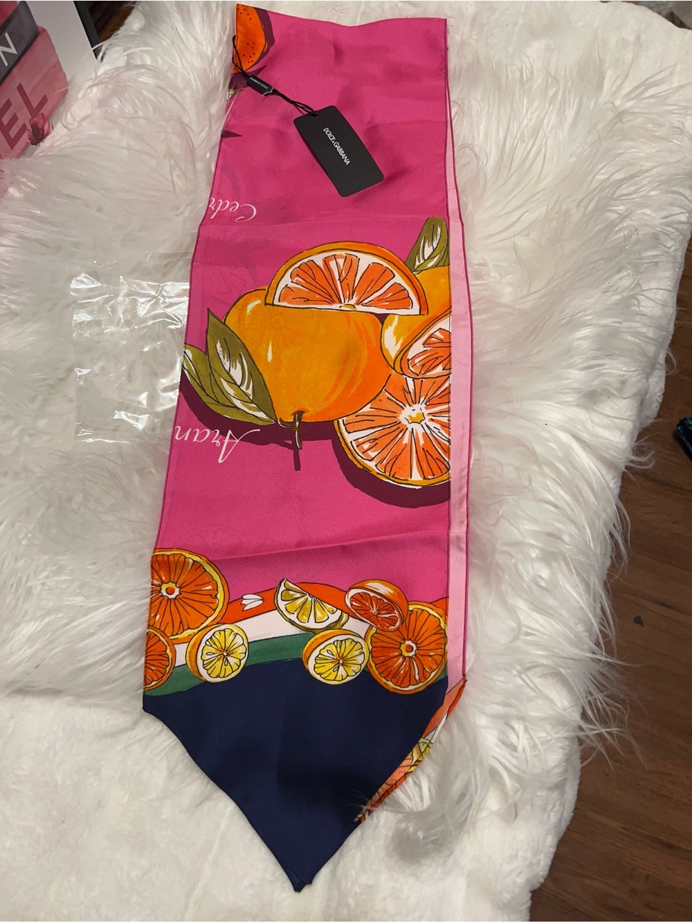 Dolce & Gabbana Capri Citrus Print Silk Twill Scarf in pink with orange fruit . - Picture 11 of 11